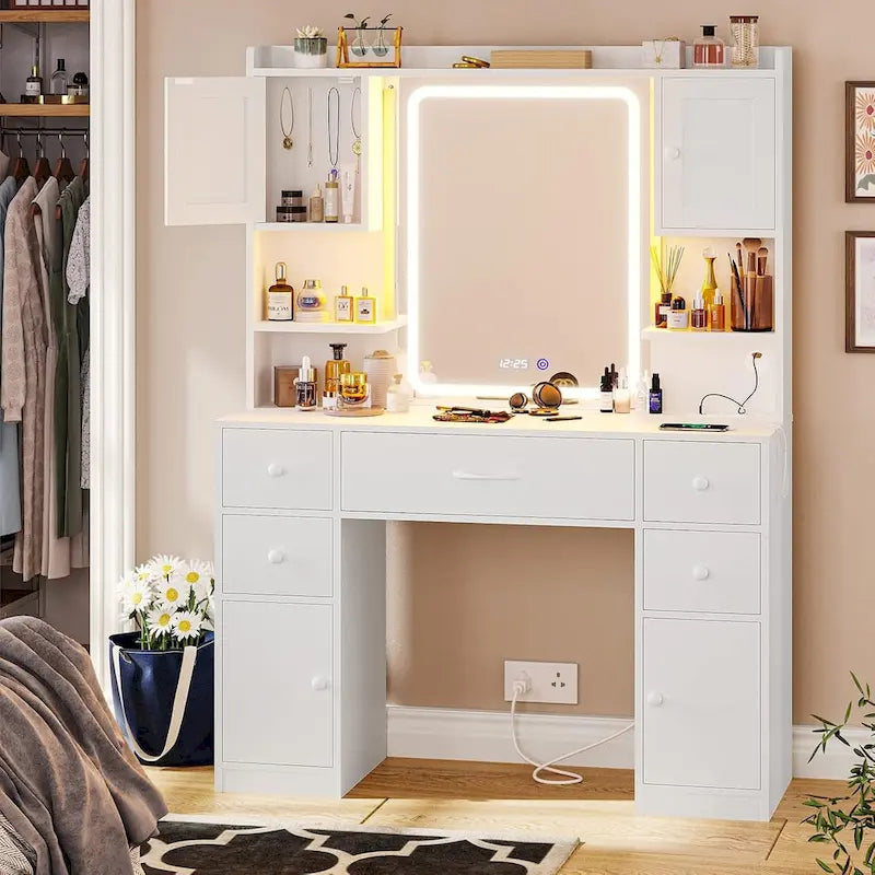 5 Drawers Vanity Desk Touch Screen Mirror Time Display Makeup Vanity