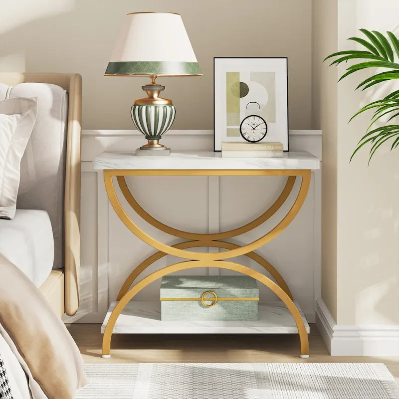 2-Tier RectangularWood Metal End Side Accent Table Nightstand