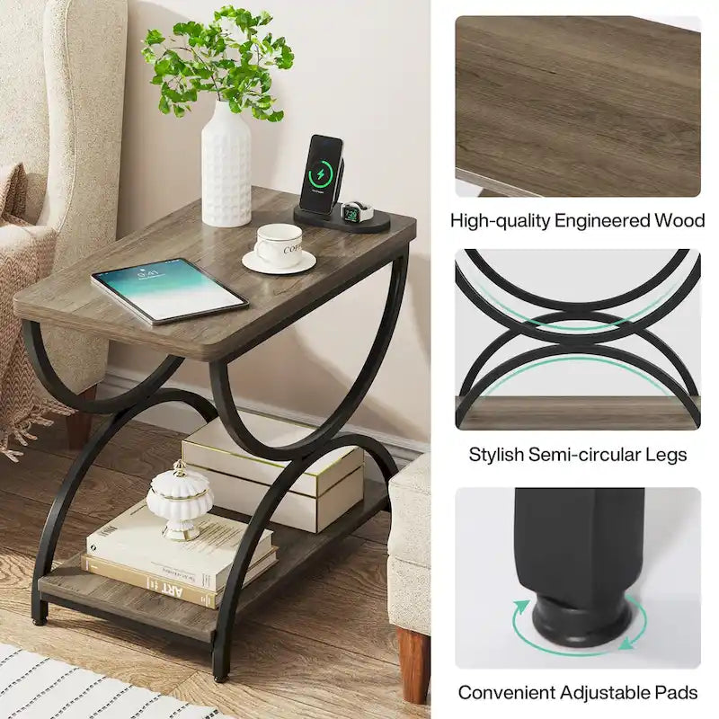 2-Tier RectangularWood Metal End Side Accent Table Nightstand