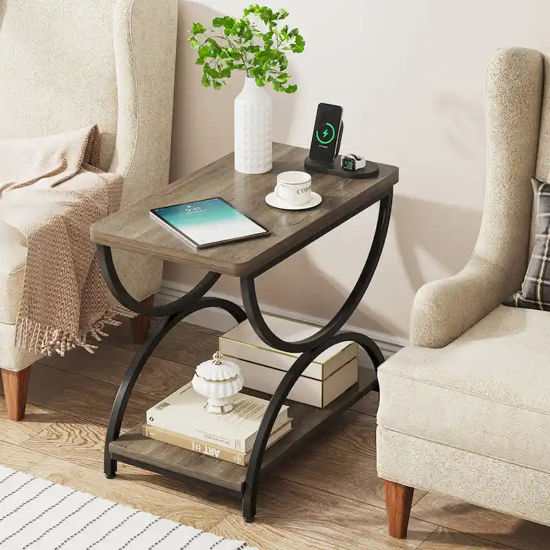2-Tier RectangularWood Metal End Side Accent Table Nightstand