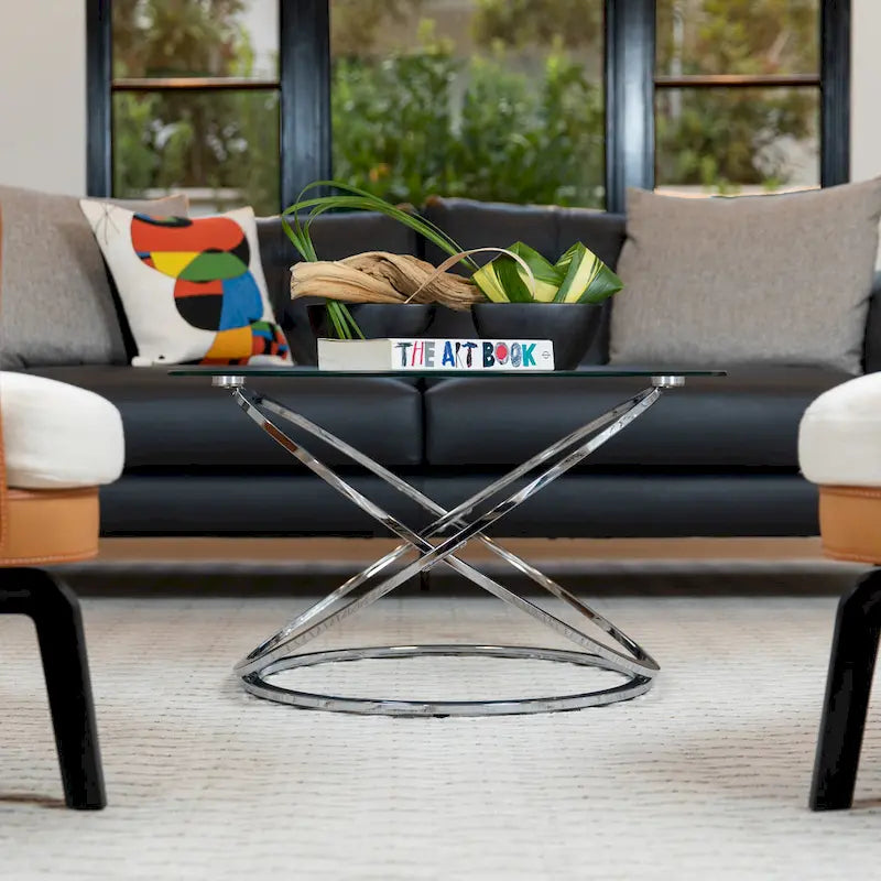 Galaxy Cross Base Tempered Glass Round Coffee Table