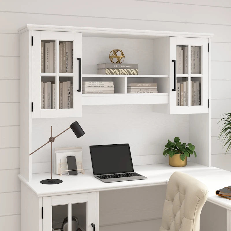 60W Computer Desk Hutch with Windowpane Glass Doors