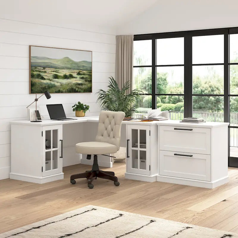60W Computer Desk Hutch with Windowpane Glass Doors