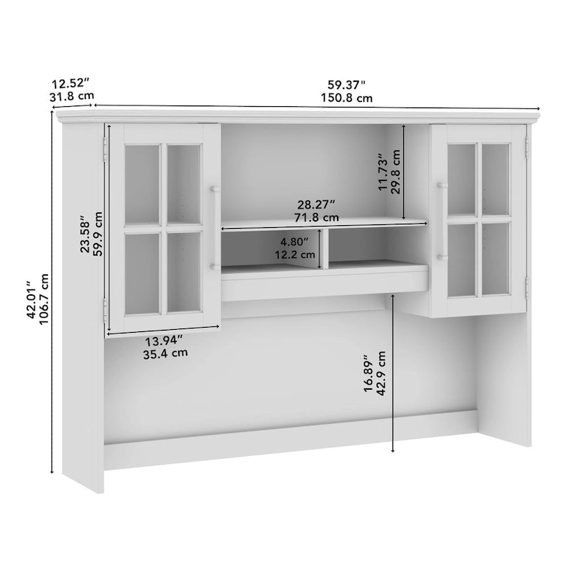 60W Computer Desk Hutch with Windowpane Glass Doors