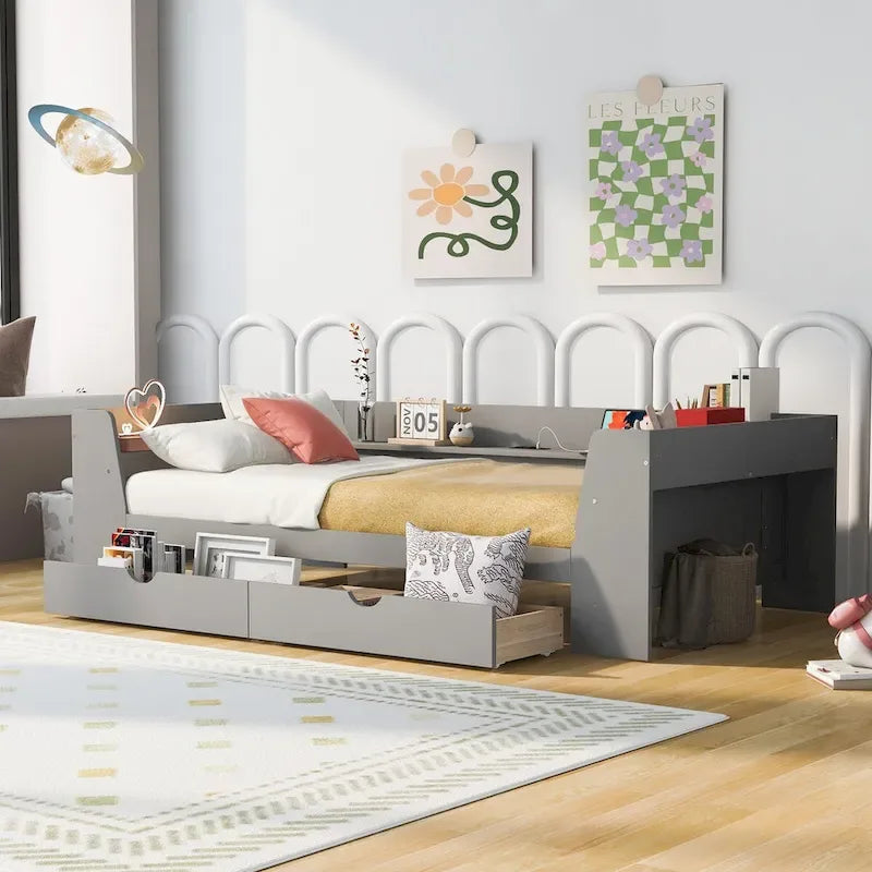 Twin Size Daybed with Shelves, Drawers and Built-In Charging Station