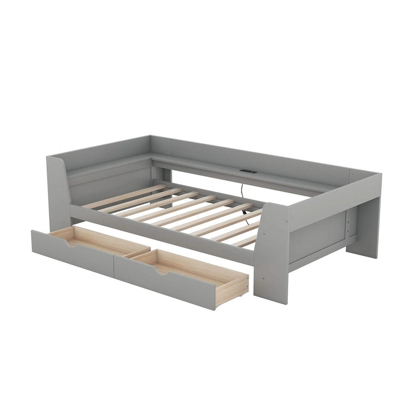 Twin Size Daybed with Shelves, Drawers and Built-In Charging Station