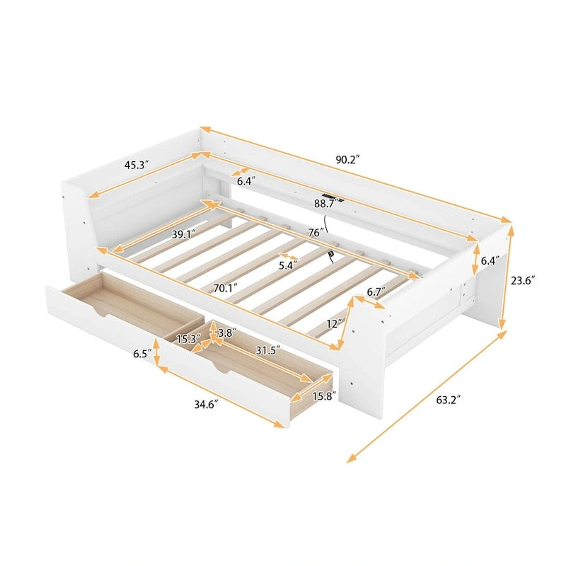 Twin Size Daybed with Shelves, Drawers and Built-In Charging Station