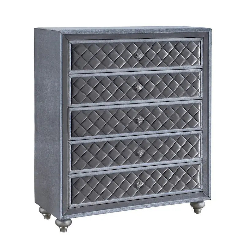 49-inch Tall 5-Drawer Dresser Chest with Crystal Knobs, Gray Velvet