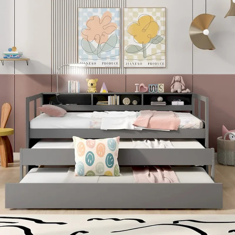 Wood Daybed with 2 Trundles, 3 Storage Cubbies, 1 Light for Free and USB Charging Design