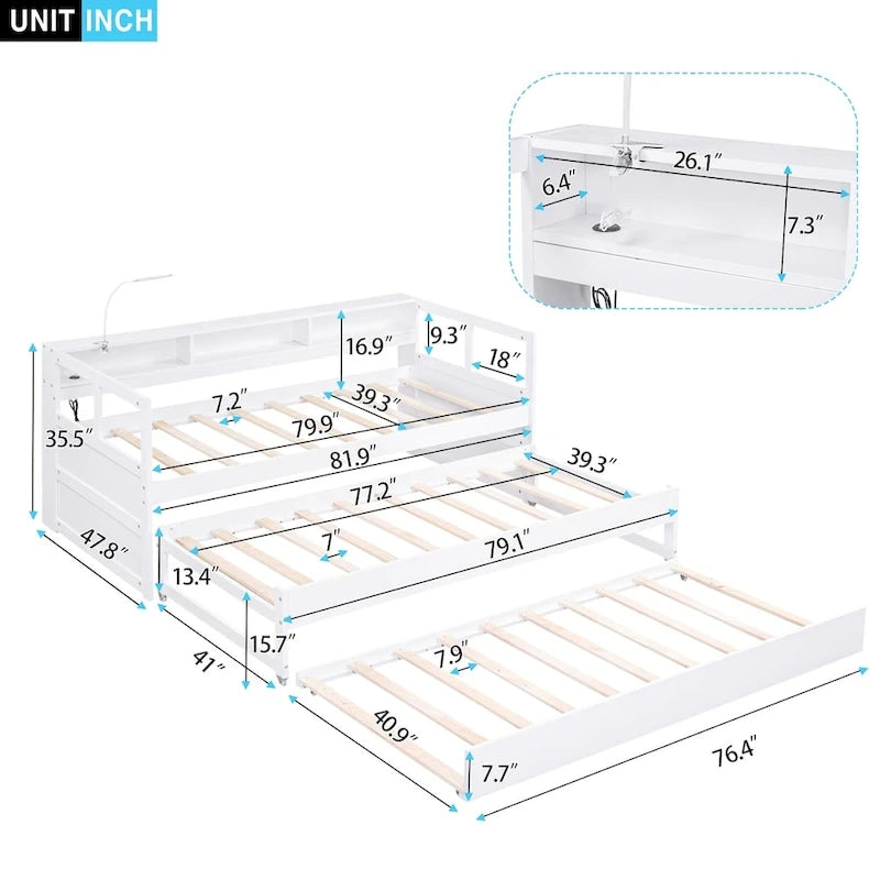 Wood Daybed with 2 Trundles, 3 Storage Cubbies, 1 Light for Free and USB Charging Design