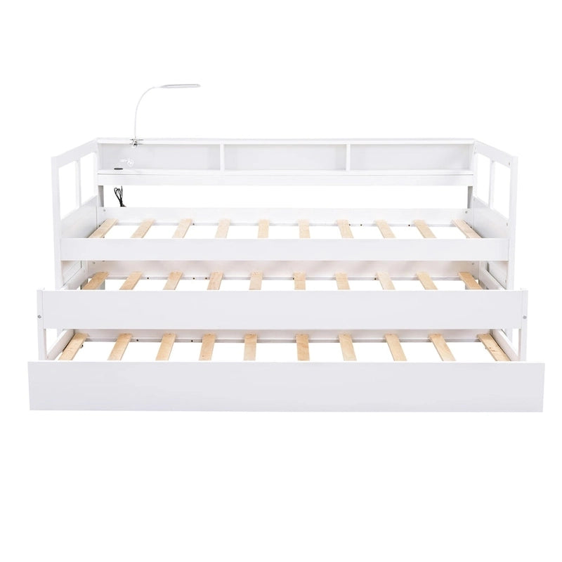 Wood Daybed with 2 Trundles, 3 Storage Cubbies, 1 Light for Free and USB Charging Design