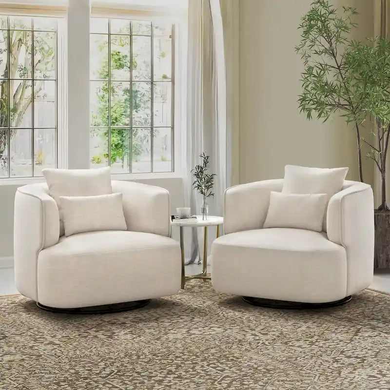 Swivel Accent Armchairs (Pair), Fabric Blend, Modern Barrel Chair - 32.7W x 32.7D x 26.8H