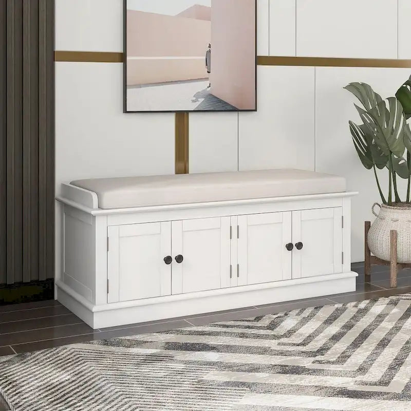 42.70 Modern Versatile Entry Upholstered Storage Bench with 4 Doors, Adjustable Shelves and Shoe Racks