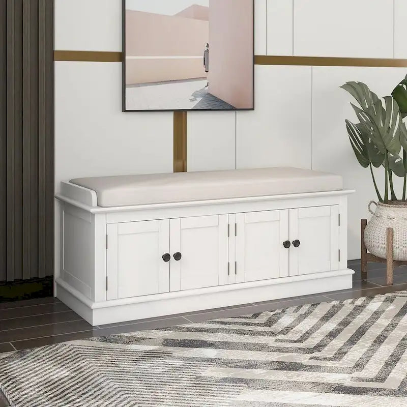 42.70 Modern Versatile Entry Upholstered Storage Bench with 4 Doors, Adjustable Shelves and Shoe Racks