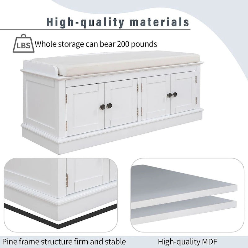 42.70 Modern Versatile Entry Upholstered Storage Bench with 4 Doors, Adjustable Shelves and Shoe Racks