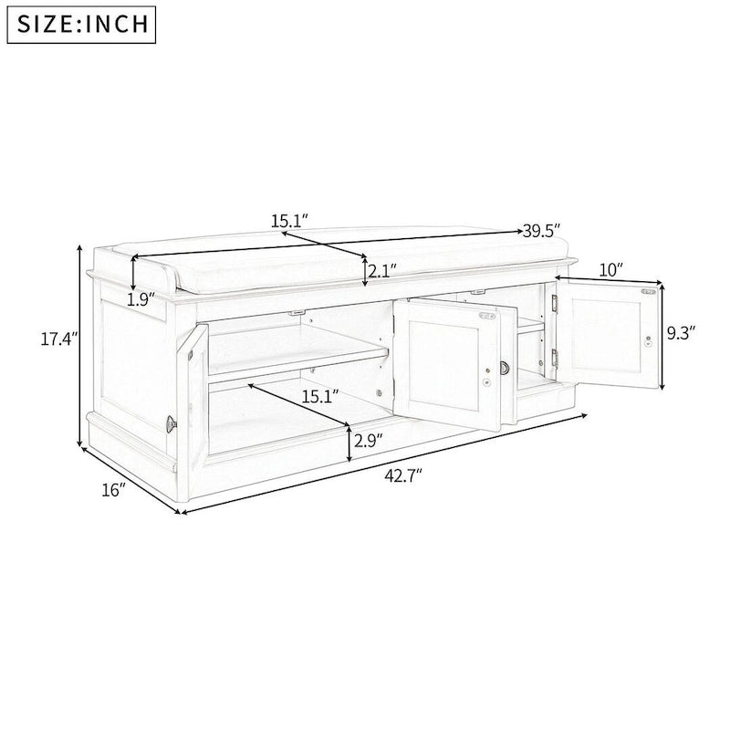 42.70 Modern Versatile Entry Upholstered Storage Bench with 4 Doors, Adjustable Shelves and Shoe Racks
