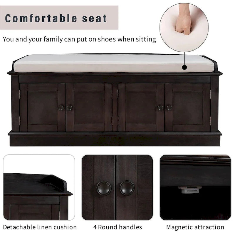 42.70 Modern Versatile Entry Upholstered Storage Bench with 4 Doors, Adjustable Shelves and Shoe Racks