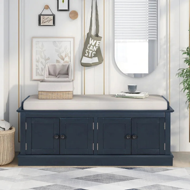 42.70 Modern Versatile Entry Upholstered Storage Bench with 4 Doors, Adjustable Shelves and Shoe Racks