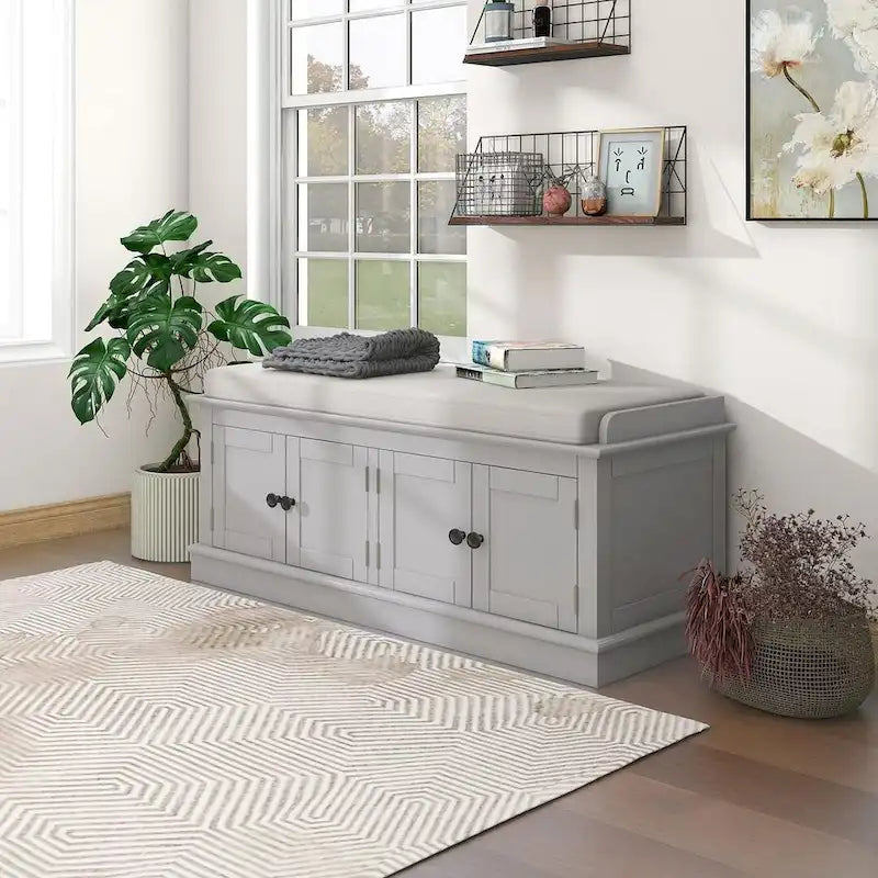 42.70 Modern Versatile Entry Upholstered Storage Bench with 4 Doors, Adjustable Shelves and Shoe Racks