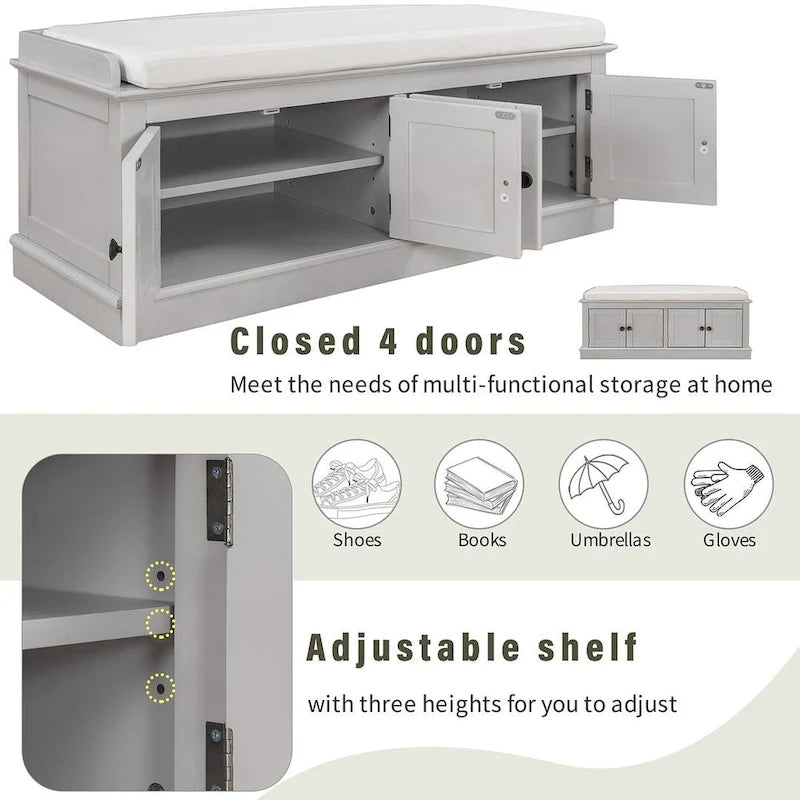 42.70 Modern Versatile Entry Upholstered Storage Bench with 4 Doors, Adjustable Shelves and Shoe Racks
