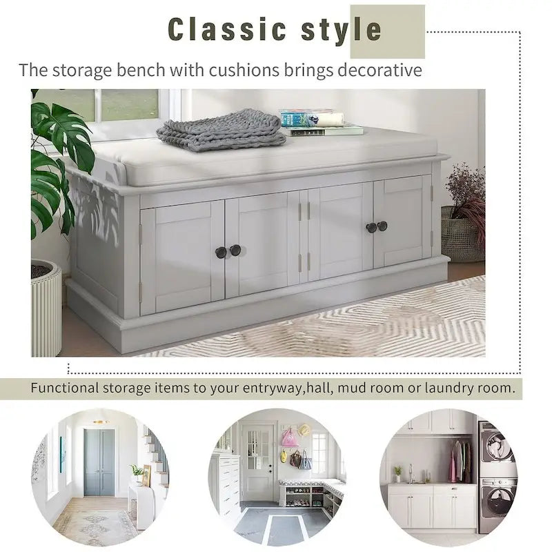 42.70 Modern Versatile Entry Upholstered Storage Bench with 4 Doors, Adjustable Shelves and Shoe Racks