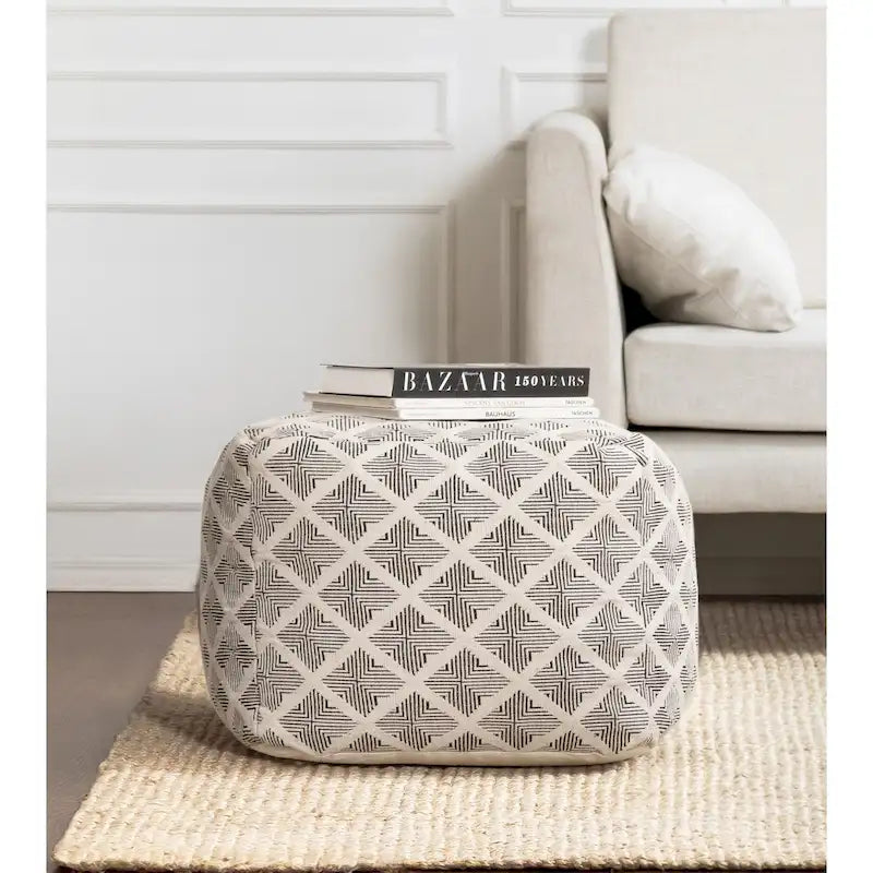 20-inch Black & Ivory Square Pouf Ottoman - Handmade Footrest