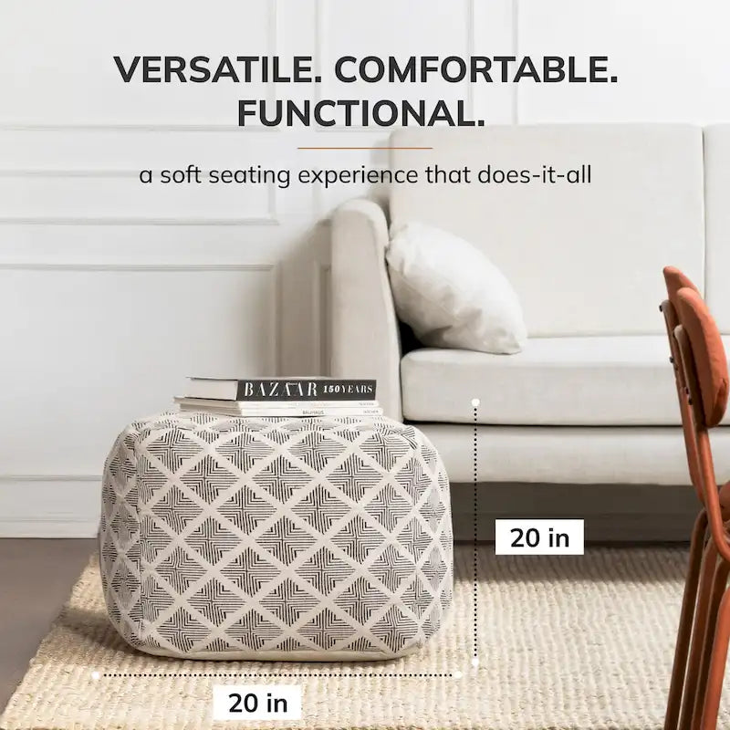 20-inch Black & Ivory Square Pouf Ottoman - Handmade Footrest