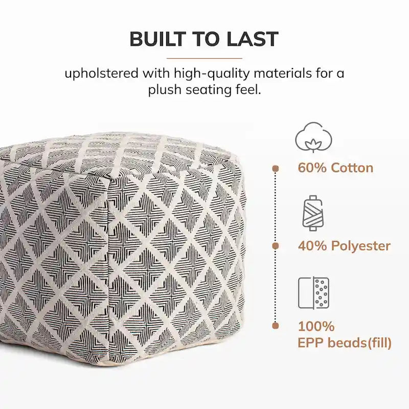20-inch Black & Ivory Square Pouf Ottoman - Handmade Footrest