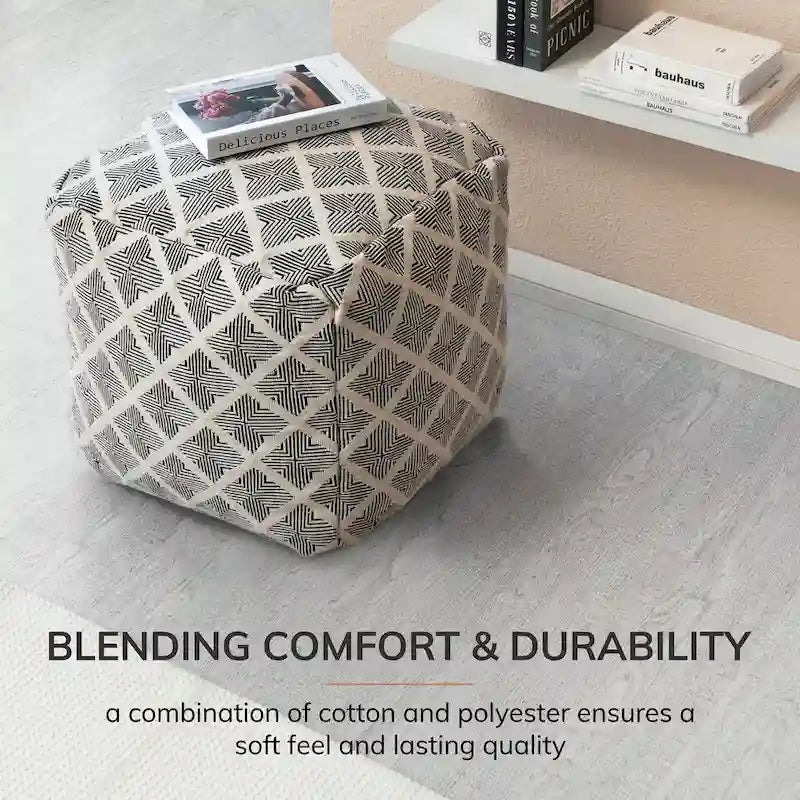 20-inch Black & Ivory Square Pouf Ottoman - Handmade Footrest