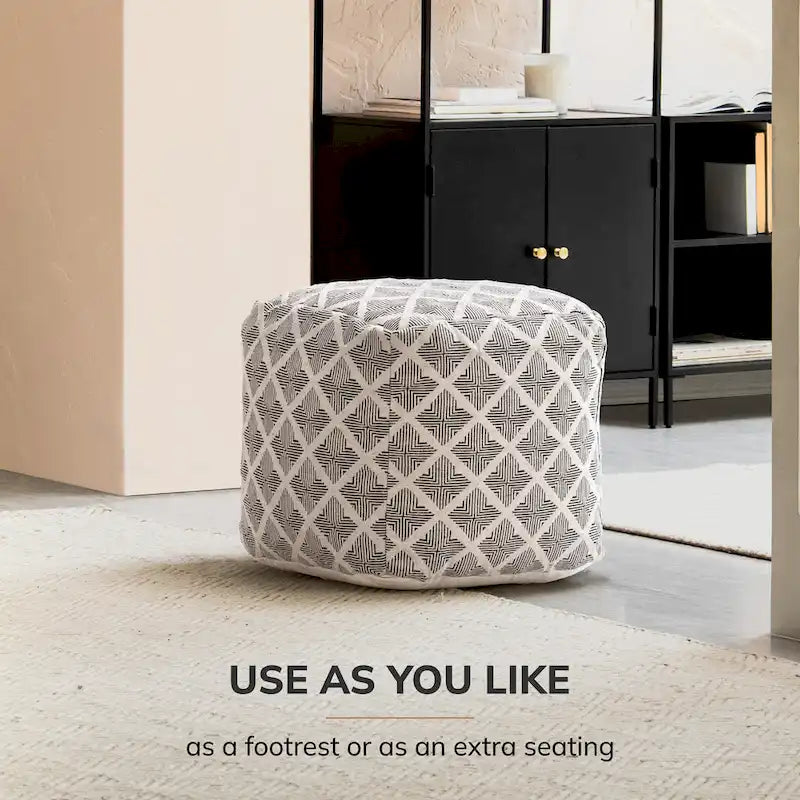20-inch Black & Ivory Square Pouf Ottoman - Handmade Footrest