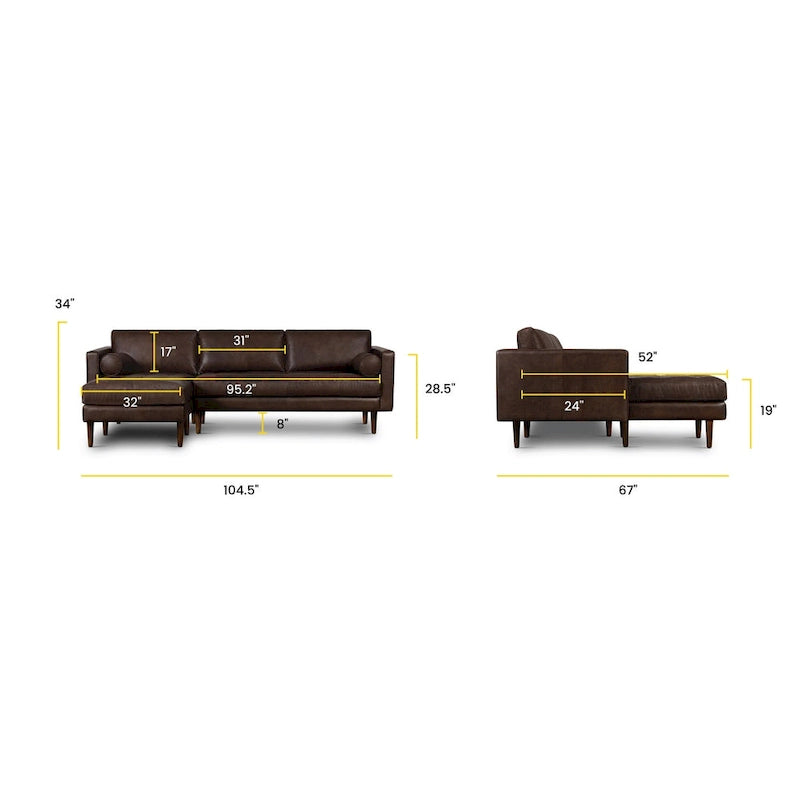 104.5" Left Sectional Sofa - Full Grain Genuine Italian Leather