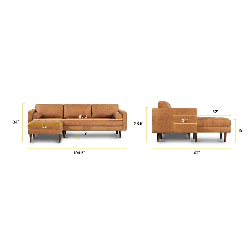 104.5" Left Sectional Sofa - Full Grain Genuine Italian Leather