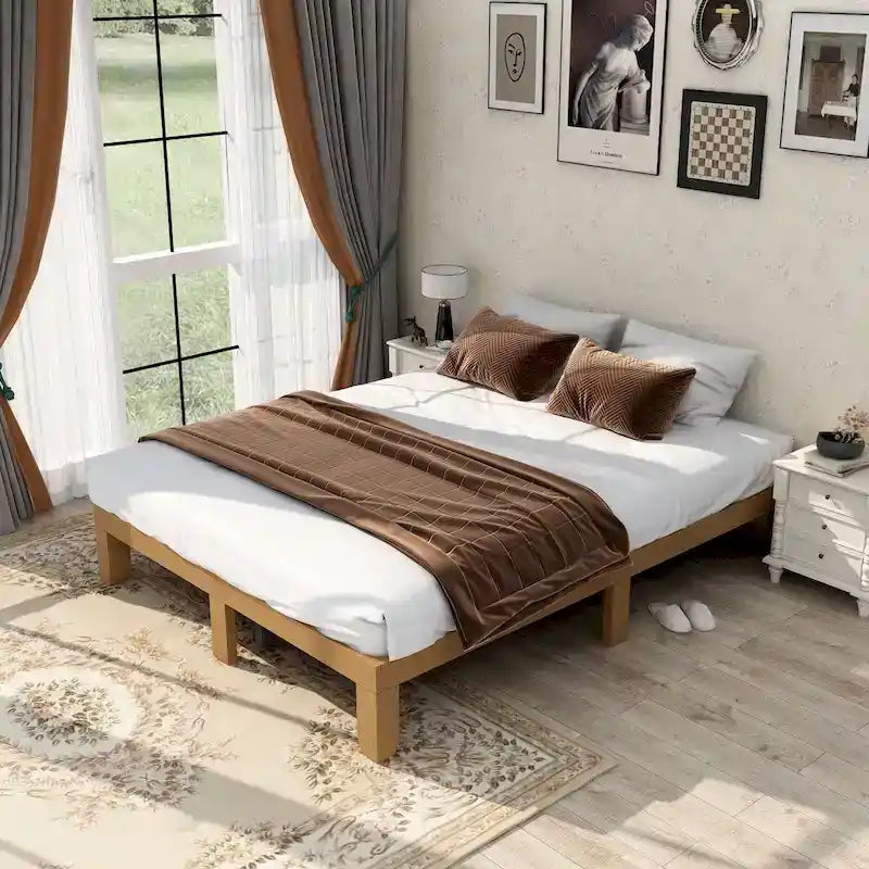 Queen Solid Wood Platform Bed Frame, No Box Spring Needed, Strong Slat Support