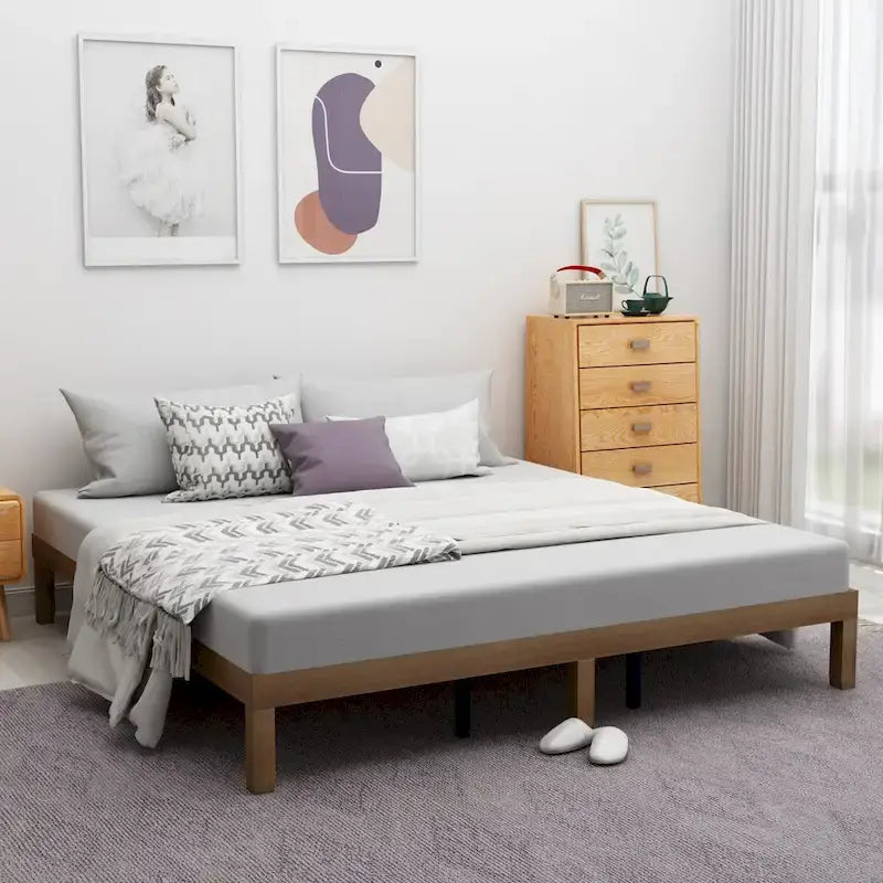Queen Solid Wood Platform Bed Frame, No Box Spring Needed, Strong Slat Support