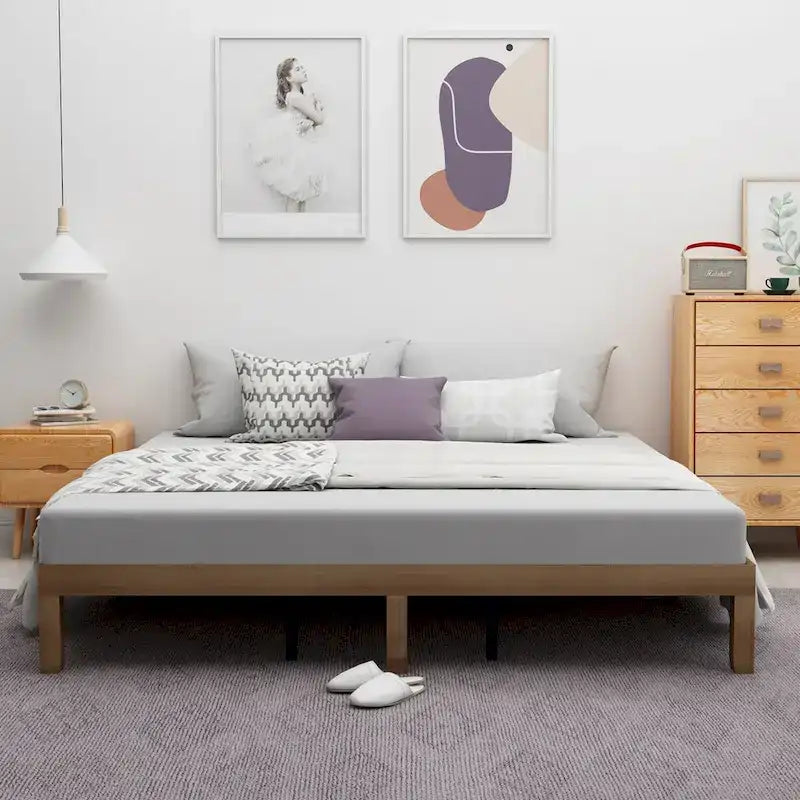 Queen Solid Wood Platform Bed Frame, No Box Spring Needed, Strong Slat Support